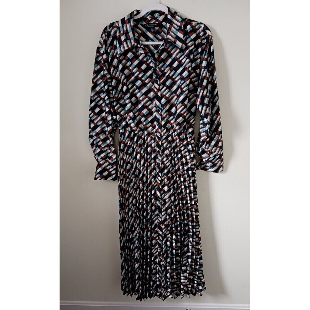 Eloquii Maxi Dress Pleated Geometric Button Front Belted‎ Size 14
